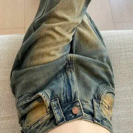 复古高街阔腿牛仔裤女秋冬新款宽松显瘦美式高腰做旧直筒拖地裤潮图片