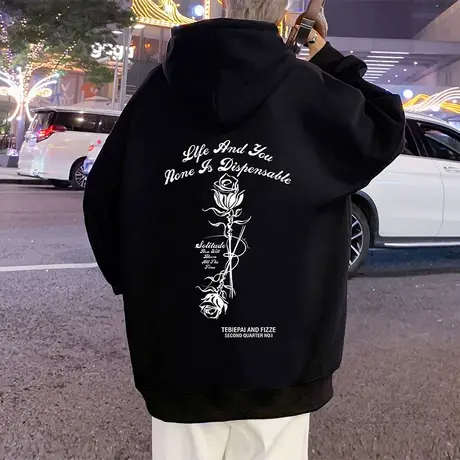 玫瑰印花纯棉连帽卫衣男秋冬季新款美式宽松情侣帽衫潮牌休闲外套商品大图