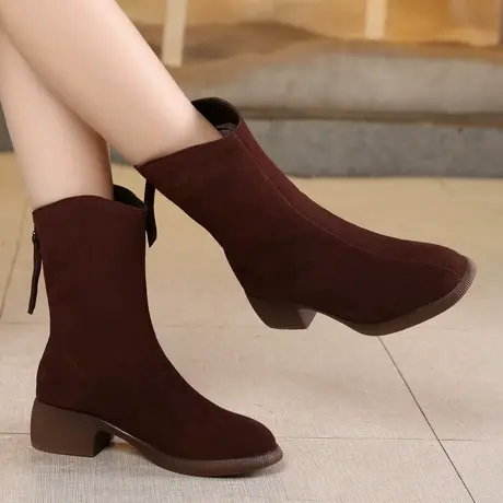 时尚英伦风春季大码女靴子41一43中筒靴中跟2023新款粗跟加绒棉靴图片
