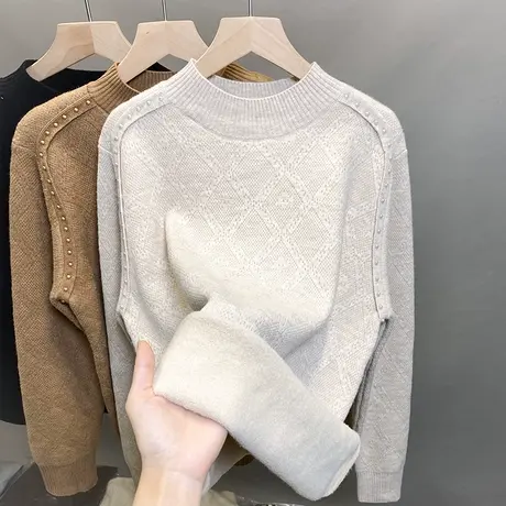 加绒半高领毛衣女一体绒打底衫2023秋冬新款钉珠针织衫内搭上衣潮商品大图