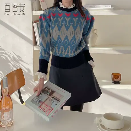 百洛安复古多色提花针织衫女秋冬新款时尚舒适圆领长袖套头毛衣潮商品大图