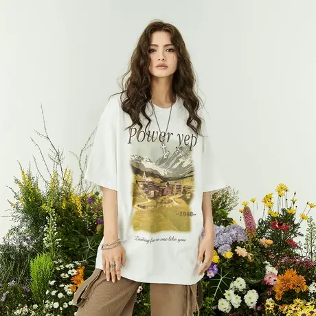 YEP油画风美式短袖t恤女2023新款设计感夏装潮牌半袖复古宽松上衣商品大图