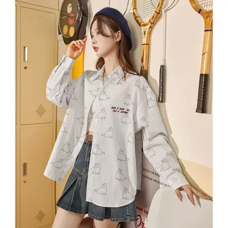 唐狮条纹衬衫女春秋季宽松上衣卡通满印别致法式衬衣设计感小众图片