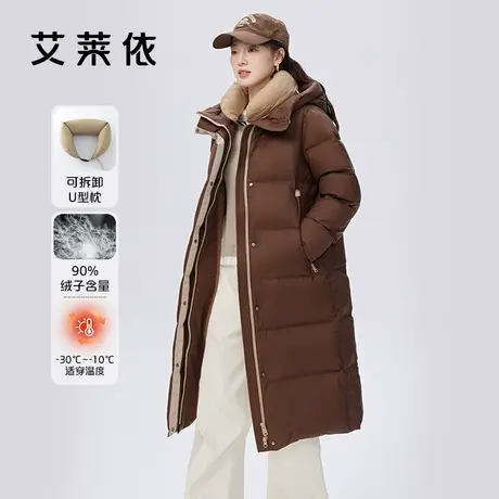 艾莱依加厚长款鹅绒服女2023新款设计感拼接织带连帽保暖冬季外套商品大图