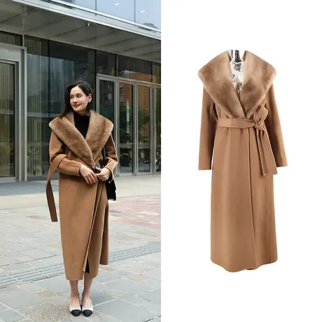 秋冬新款高奢贵气水貂毛双面呢超细澳州羊毛羊绒系带女士大衣外套图片
