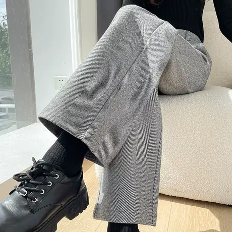 毛呢窄版阔腿裤女2024冬季新款小个子高腰垂感显瘦加绒九分直筒裤图片