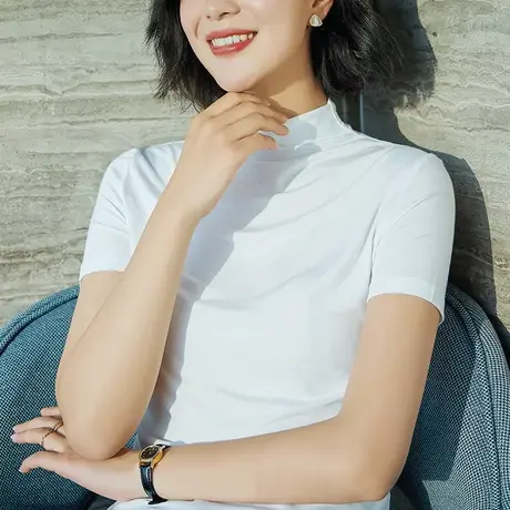 雀后半高领短袖t恤女夏装莫代尔薄款打底衫修身百搭半袖白色上衣商品大图