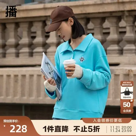 播2023夏季新款POLO领图案装饰罗纹下摆翻领宽松卫衣女DDQ2VD5221商品大图