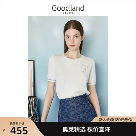 【非遗源流】音儿美地女装2023夏季新款绣花蝴蝶结短袖套头针织衫商品大图