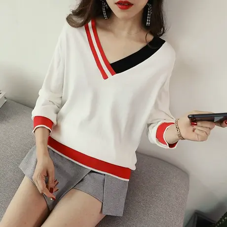 V领套头针织衫女秋装新款时尚拼色套头毛衣短款长袖上衣女装商品大图