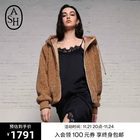 ASH女装年冬季新款百搭连帽外套毛绒拉链开衫短款上衣商品大图