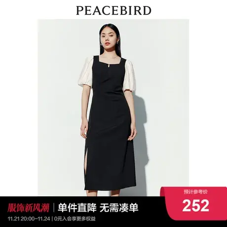 太平鸟 2024春季新款法式气质长款连衣裙方领泡泡袖小黑裙女图片