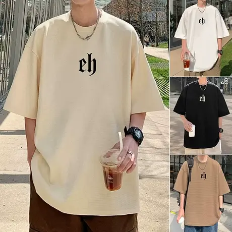 短袖T恤男夏季新款华夫格宽松半袖男生体恤ins潮牌重磅休闲打底衫商品大图