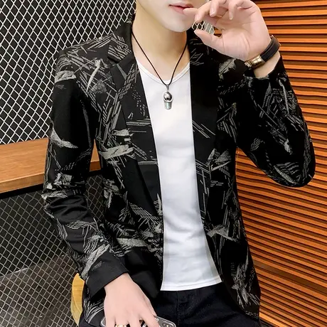 新款男士小西装帅气修身印花外套秋季韩版休闲西服发型师单西男装商品大图