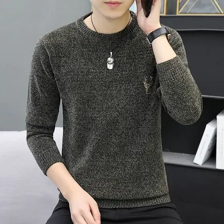 雪尼尔毛衣男士春秋冬季潮流圆领针织打底衫毛衫青少年宽松线衣服商品大图