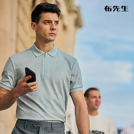 MrBu布先生桑蚕丝拉链翻领短袖男夏季新款纯色商务T恤AT12102图片