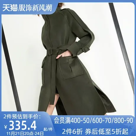 aui军绿色气质呢子大衣女中长款2022秋冬新款欧洲站高领毛呢外套图片
