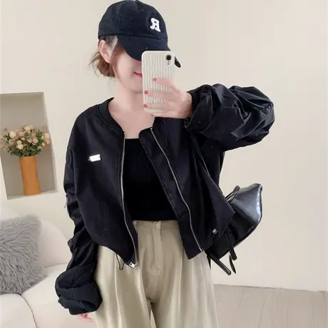 设计感褶皱袖子短款外套女秋冬2023年新款宽松小个子长袖夹克上衣商品大图