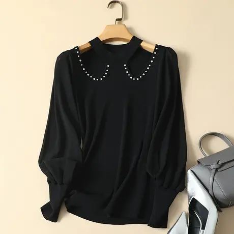 春装2024年新款雪纺袖冰丝针织衫女长袖套头上衣薄款打底衫女洋气商品大图