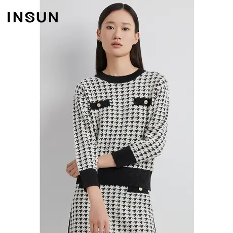 INSUN恩裳线上专选冬季提花千鸟格百搭毛织衫商品大图