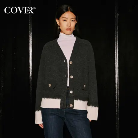 COVER冬季撞色落肩羊毛针织开衫图片