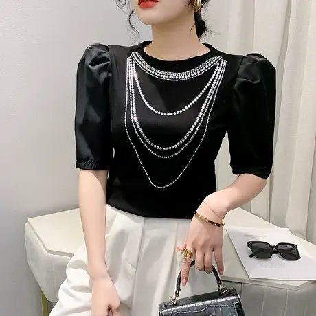 2024夏装时尚五分袖T恤女洋气烫钻设计感上衣修身百搭泡泡袖小衫商品大图