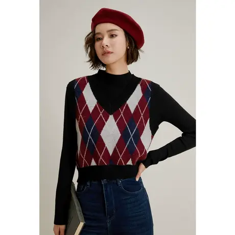 弥古复古菱格针织马甲女2023秋冬叠穿v领毛衣背心外穿内搭小坎肩商品大图