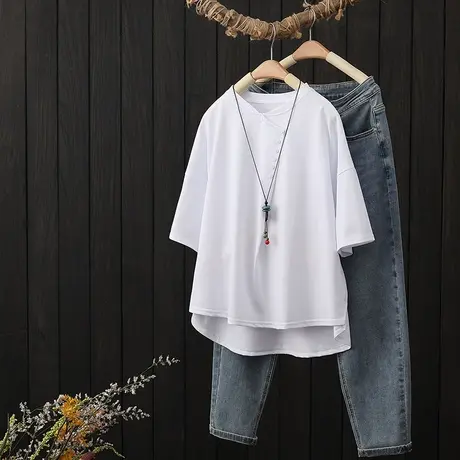 不规则斜襟纽扣短袖T恤女夏季2023新款落肩袖纯色全棉上衣体恤衫商品大图