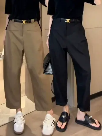 欧货2023夏季新款高腰显瘦宽松休闲阔腿裤女时尚百搭九分裤薄裤子商品大图