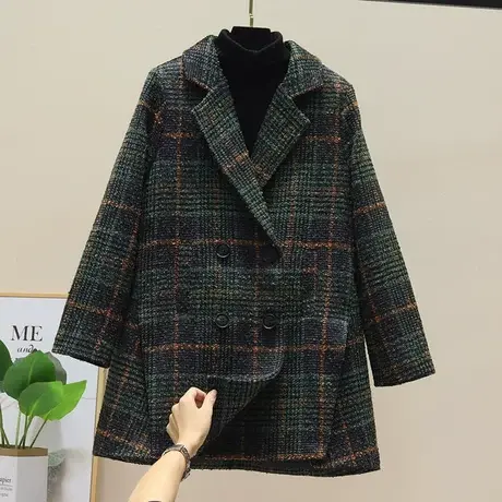 复古格子西装领毛呢外套女2023年冬季新款韩版宽松小个子呢子大衣图片