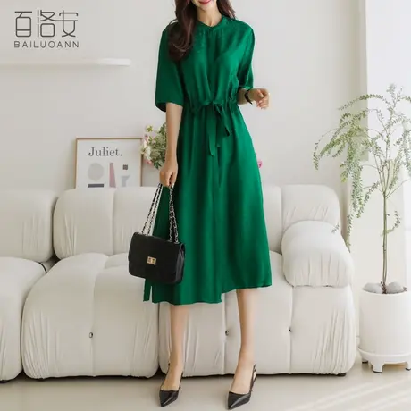 百洛安暗纹提花缎连衣裙女夏抽绳系带圆领短袖开叉中长款国风裙子图片