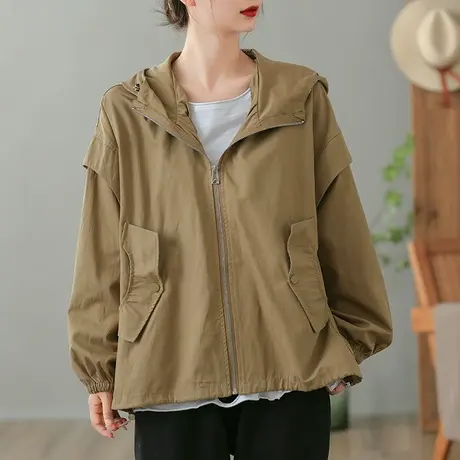 dza 复古休闲宽松连帽外套女士秋季短款风衣百搭工装上衣夹克开衫图片