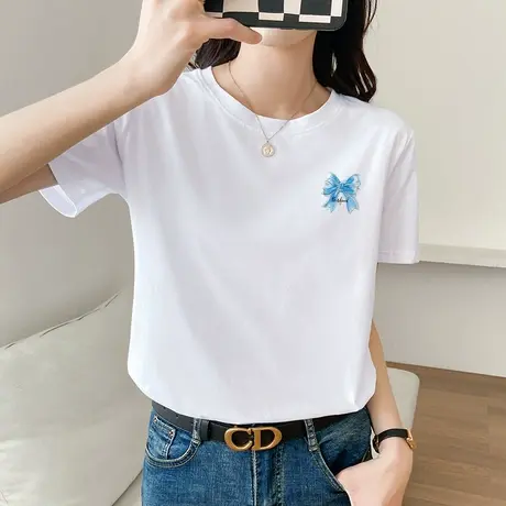 夏装女士上衣白色纯棉短袖t恤女2022年新款韩版宽松正肩圆领体恤图片