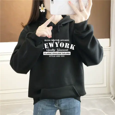 黑色卫衣女连帽宽松春秋薄款150小个子上衣加绒秋冬复古chic港风商品大图