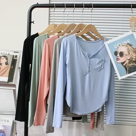 圆弧下摆扣子V领T恤女春秋季韩版修身口袋短款内搭打底衫上衣纯棉图片