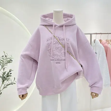 紫色加绒卫衣女秋冬款洋气卡通图案刺绣宽松慵懒百搭连帽衫外套潮商品大图