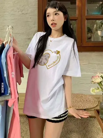 白色仿棉短袖t恤女夏季2023新款宽松显瘦设计感小众上衣洋气减龄商品大图