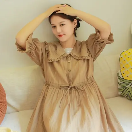 【买一送一】夏新品法式复古娃娃领连衣裙五分袖香槟色长裙商品大图