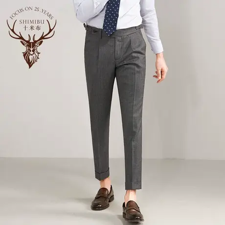 十米布深灰色澳洲羊毛复古千鸟格纹修身西裤男意式巴黎扣裤脚翻遍商品大图
