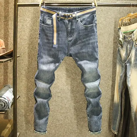 秋季新款高端刺绣男士牛仔裤韩版潮流印花休闲百搭修身弹力长裤子商品大图