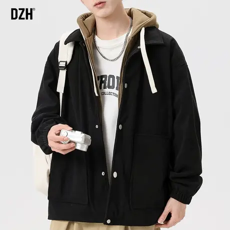 男士灯芯绒外套男款春秋潮流百搭男装假两件上衣连帽休闲夹克衣服商品大图