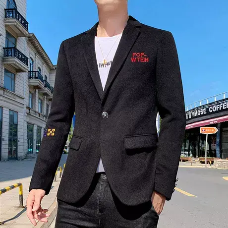 新款西服男休闲韩版帅气仿毛呢潮流修身小西装外套秋冬厚款单上衣商品大图