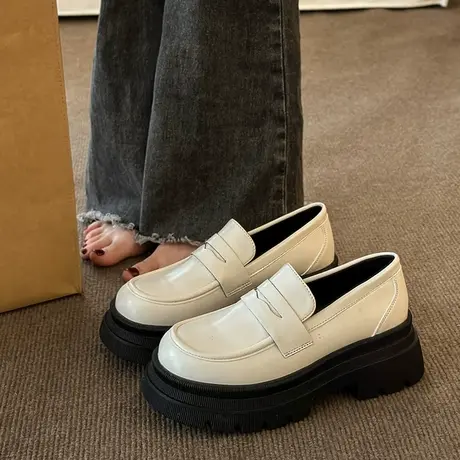 英伦风小皮鞋女春季2023年新款百搭复古厚底增高单鞋一脚蹬乐福鞋商品大图