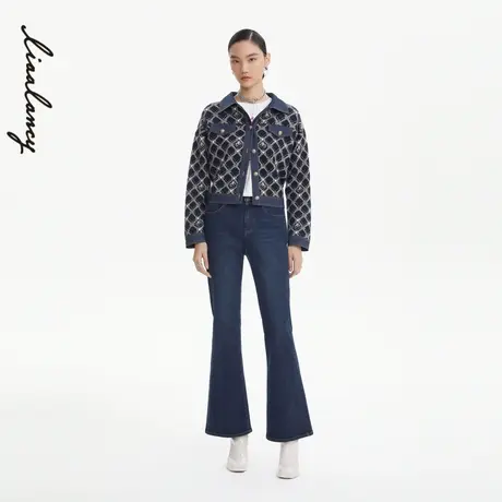 LANCY/朗姿高级羊毛短外套秋季新设计感小众款翻领格纹上衣奥莱图片