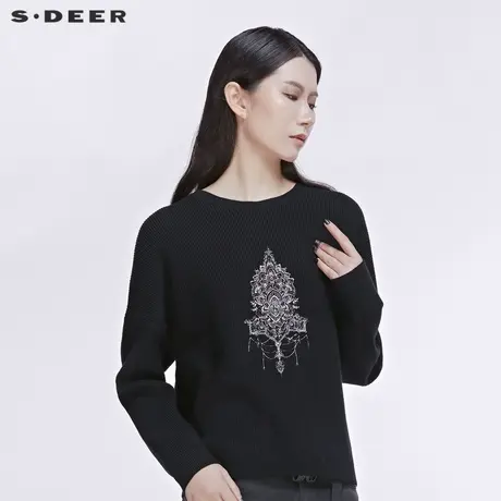 sdeer圣迪奥秋休闲圆领图腾印花基本款针织衫毛衣女S20183508😕商品大图