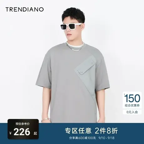 TRENDIANO春夏男装潮牌新款休闲时尚宽松口袋圆领短袖T恤男图片