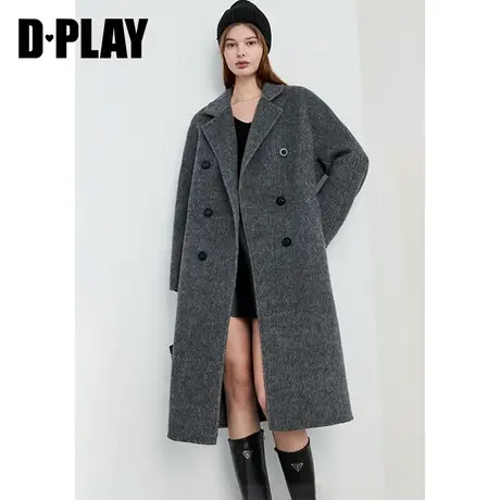 DPLAY2023冬新轻奢琎口羊毛5%驼绒气质通勤灰色中长款双面呢大衣商品大图
