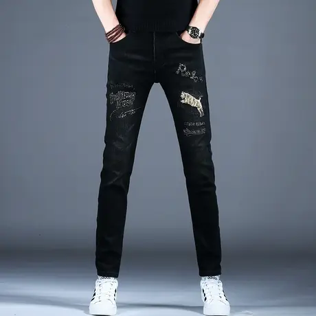 男士秋冬季黑色烫钻刺绣牛仔裤男款潮牌2023新款裤子潮流弹力长裤商品大图