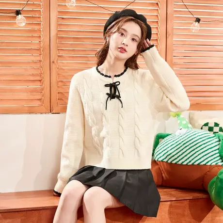 唐狮新款蝴蝶结毛衣女2023秋冬新款设计感圆领撞色短款毛衫12.15商品大图