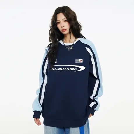Nuthink美式加厚撞色插肩卫衣潮牌男冬季国潮加绒打底衫上衣男款图片